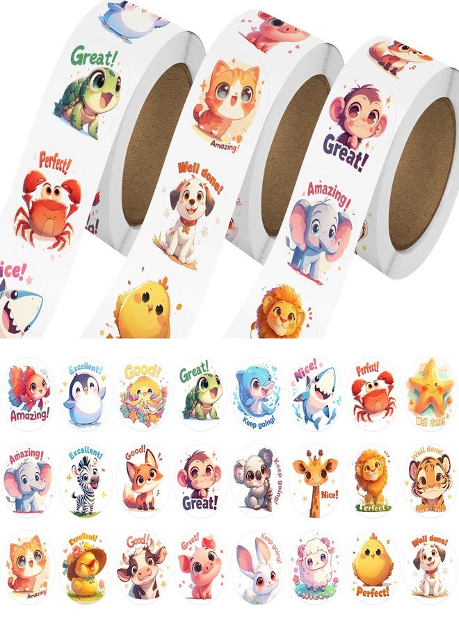 JIXZEN 3 Rolls Animal Stickers for Kids, 1500 PCS Kids Stickers Bulk for Toddlers 2-4, 24 Designs Farm/Ocean/Wild Cute Sticker with Motivational Words for Kid Reward, School Supplies (1.0 Inch) - Image 1